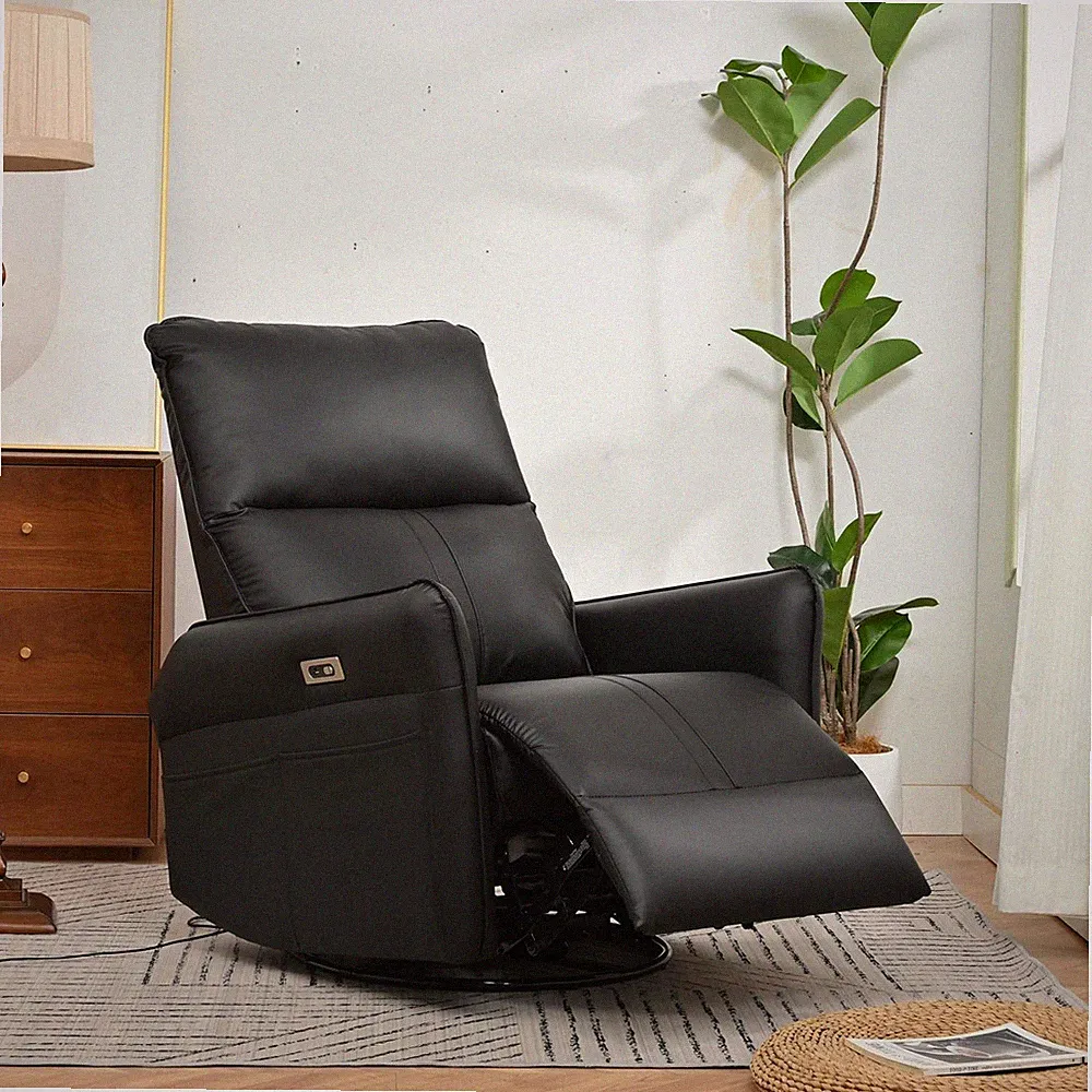 270° Power Swivel Recliner Chair with USB Ports - Black Leather
