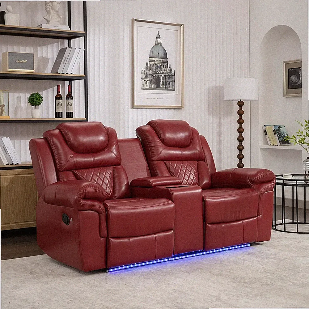 Luxury Leather Recliner Loveseat with LED Lights & Hidden Storage for Movie Nigh